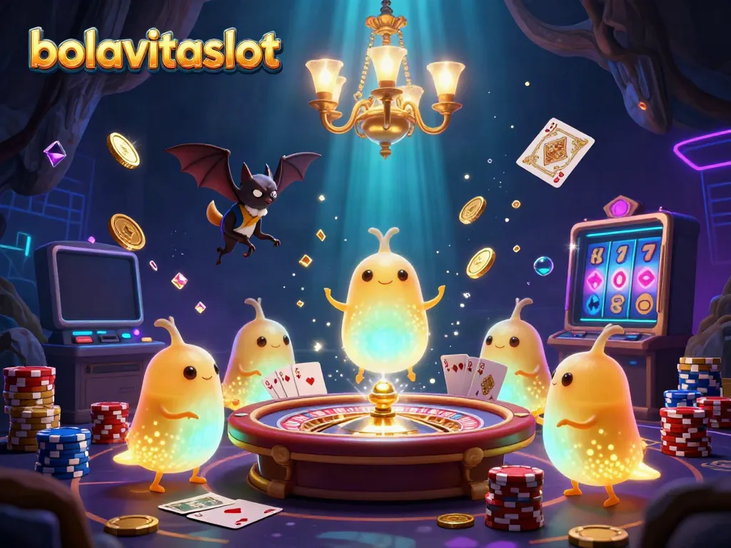 Experience the thrill of bolavitaslot with glowworms illuminating a lively casino scene featuring vibrant game elements.