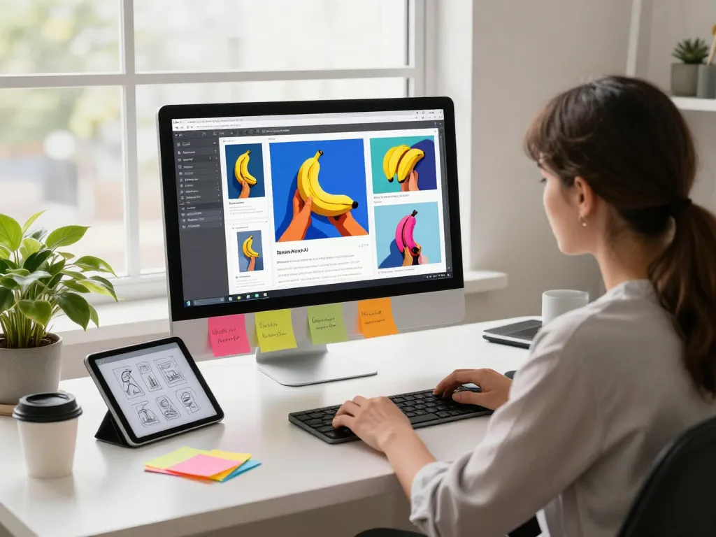 Designer using nano banana AI tools in a vibrant digital workspace.