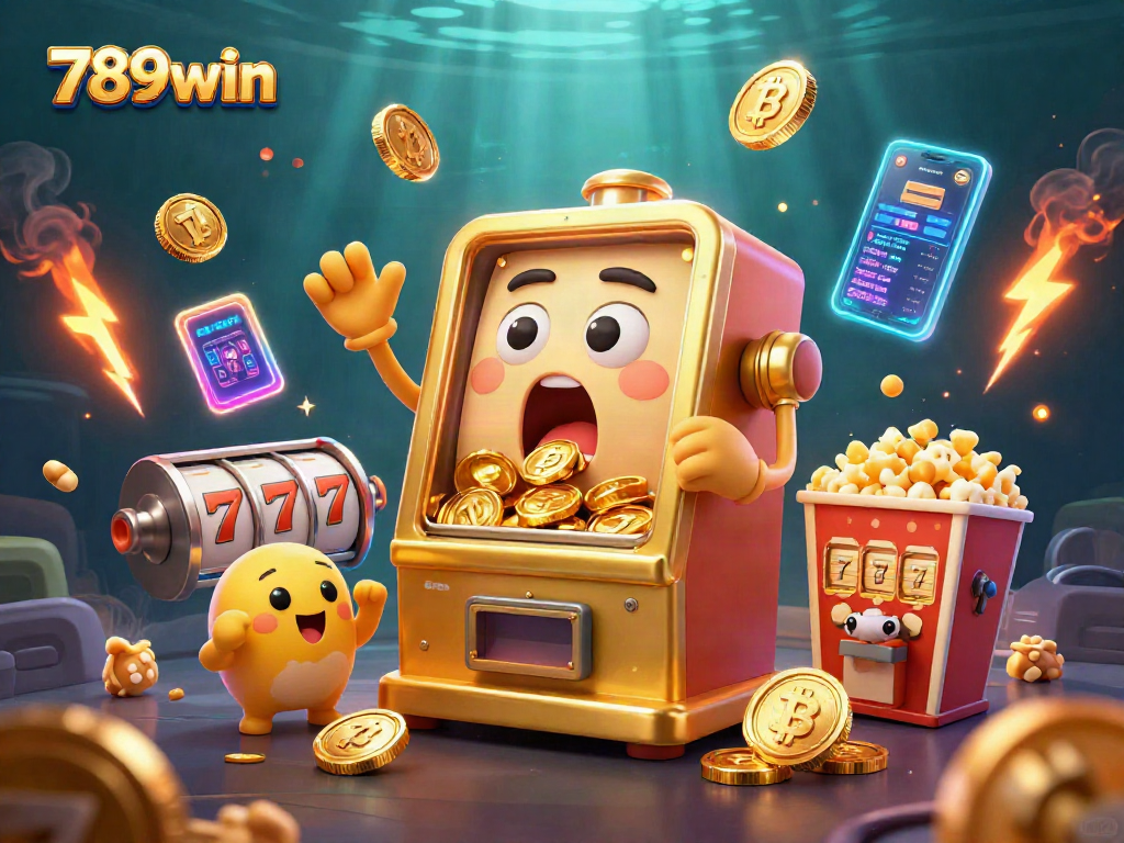 Watch the 789win slot machine hit a jackpot, celebrating with coins and friends in a vibrant casino scene.
