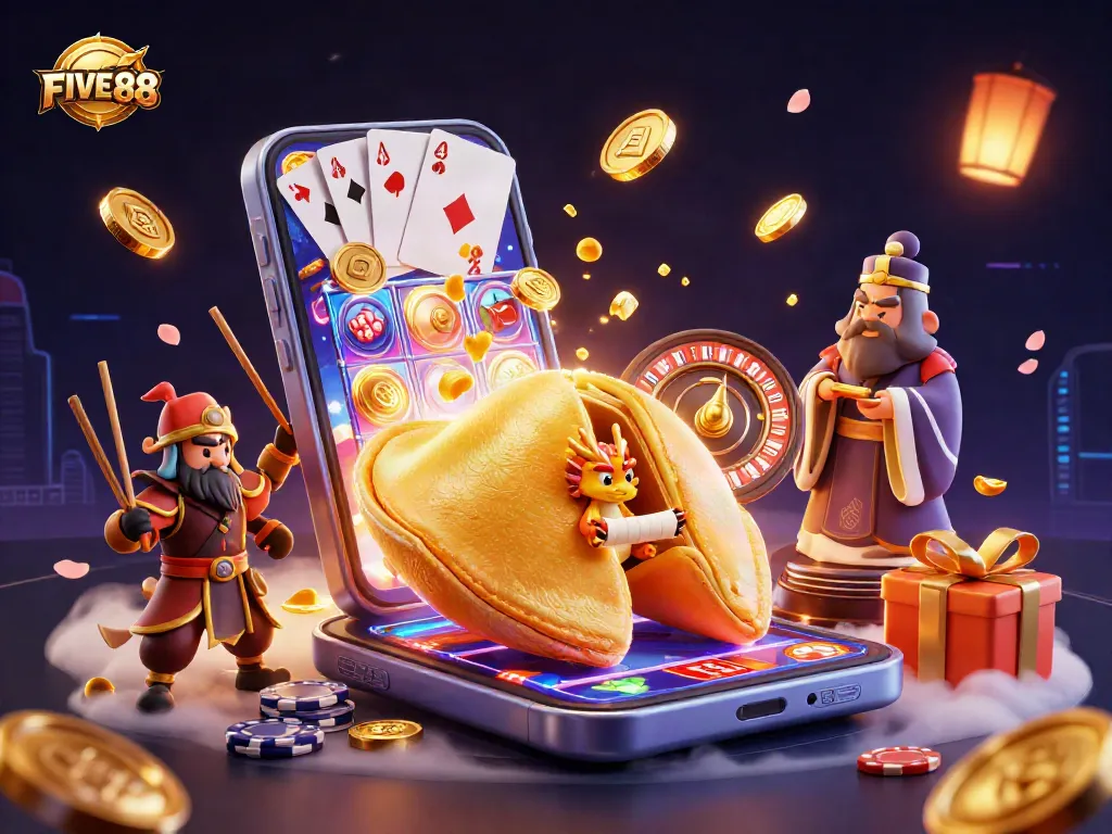 Engage with the FIVE88 casino experience, showcasing colorful slots and gaming excitement.