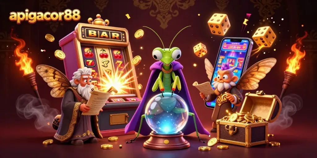 Engage with the vibrant world of apigacor88, featuring a lively illustration of fortune teller characters amidst dynamic casino elements.