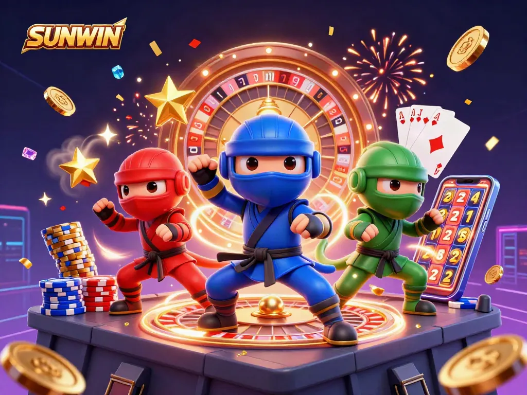 SUNWIN ninja chameleons celebrate with casino elements, showcasing vibrant slots, roulette, and poker.