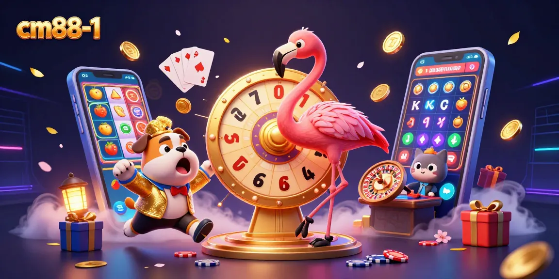 Spin the giant prize wheel with cm88-1, featuring colorful slot games and vibrant casino elements surrounding excited characters.