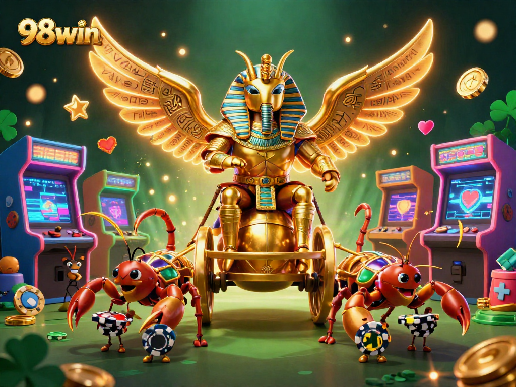 Engage with the vibrant world of 98win in this dynamic casino illustration featuring a golden scarab and animated gaming elements.