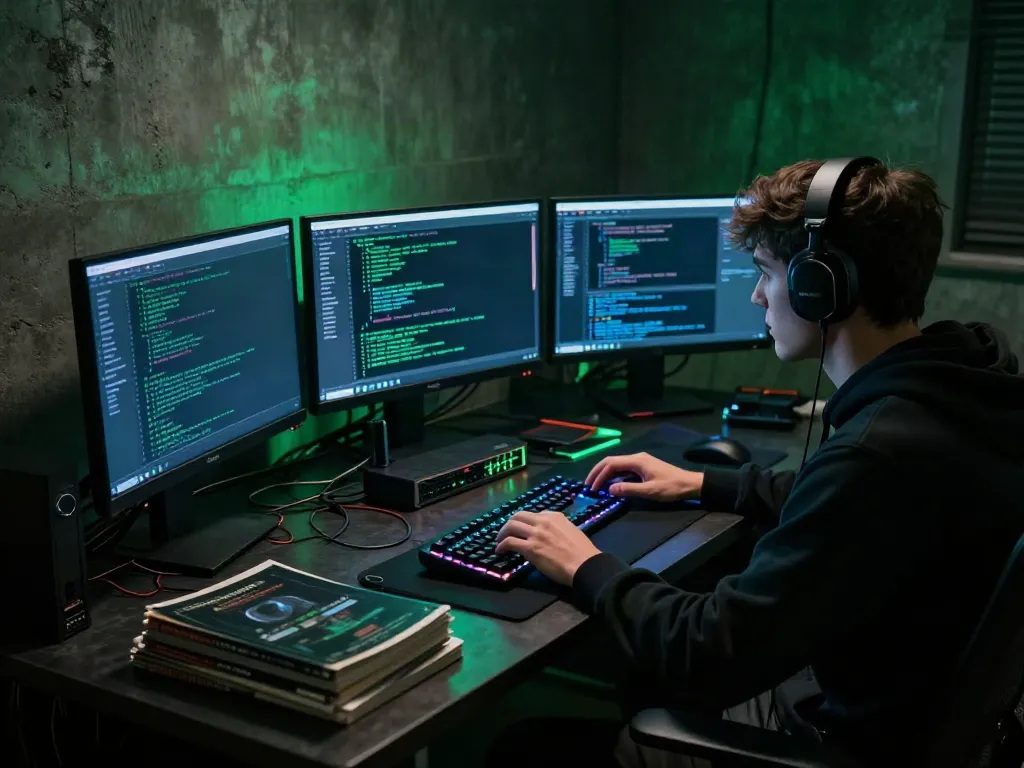 Immersive hacker workspace showcasing hidden wiki 2026 elements with multiple screens and cryptic code.