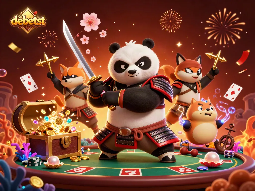 Experience winning moments at debetst with a vibrant 3D casino-themed scene featuring samurai panda and ninja fox.