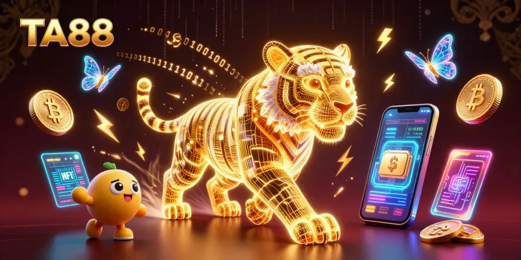 TA88 features a neon tiger and crypto coins illuminating a vibrant digital casino landscape.