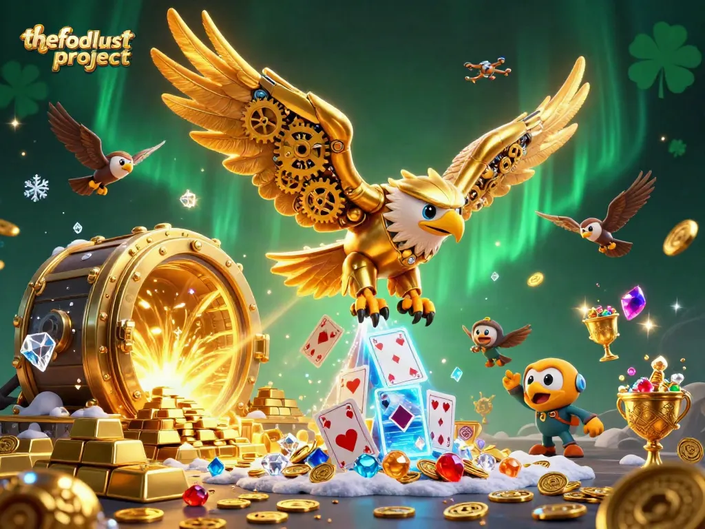 Gambaran detail 3D kartun mengenai thefoodlustproject dengan elang cybernetic terbang di kasino virtual yang megah