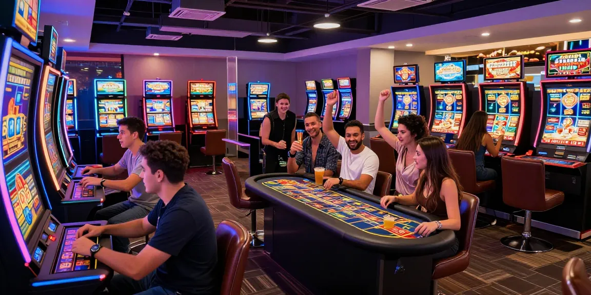 High-energy gambling lounge filled with players enjoying slot gacor machines.