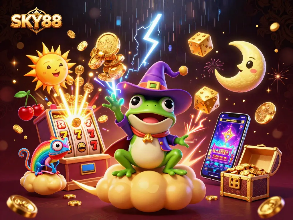 Experience exciting wins at SKY88 casino with a wizard frog creating a golden coin storm in this dynamic gaming scene.