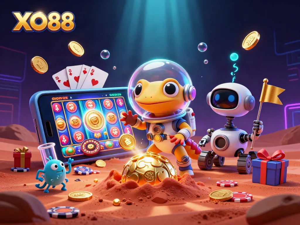 Experience thrilling gameplay at XO88 with a vibrant casino scene featuring a Martian gecko and lively game elements.