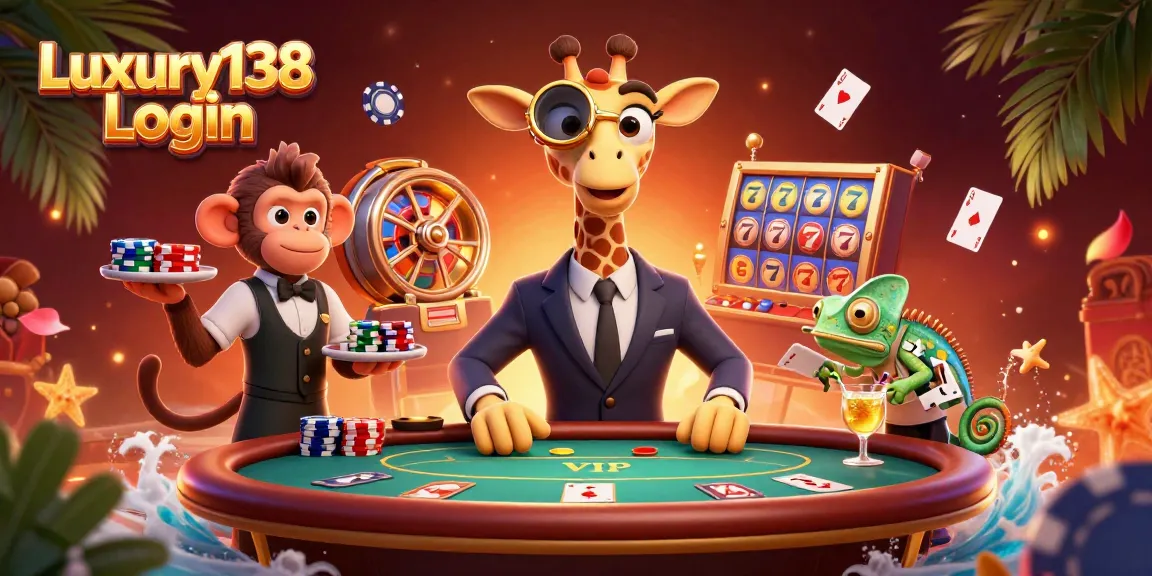 Join the action with Luxury138 Login, featuring a high-roller giraffe and energetic casino atmosphere.