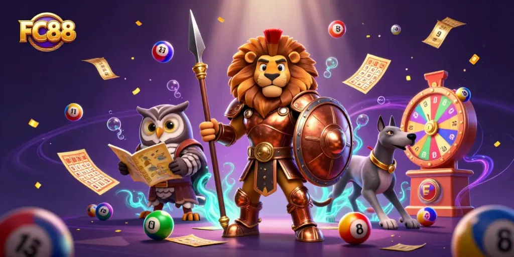 Win big at FC88 with vibrant games, showcasing thrilling lottery balls and dynamic casino elements.