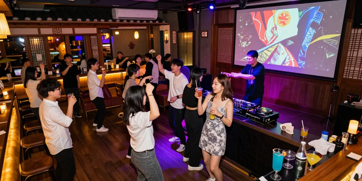 Joyful nightlife at 상봉동 한국관나이트 with friends dancing under colorful lights and enjoying Korean cocktails in a vibrant setting.
