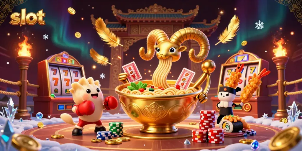 Slot online dengan karakter ramen emas dan gyoza dalam arena, menampilkan elemen perjudian.