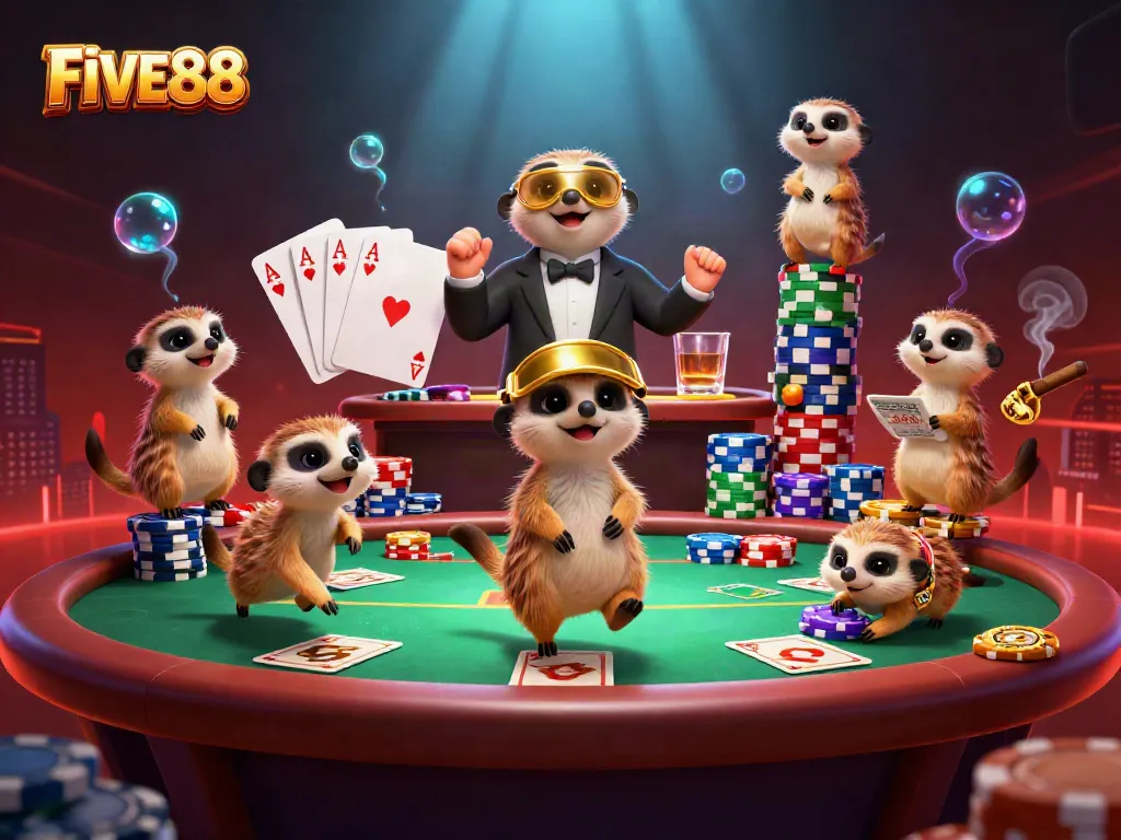 Experience the excitement at FIVE88 with meerkats managing a colorful casino environment, showcasing vibrant gaming elements.