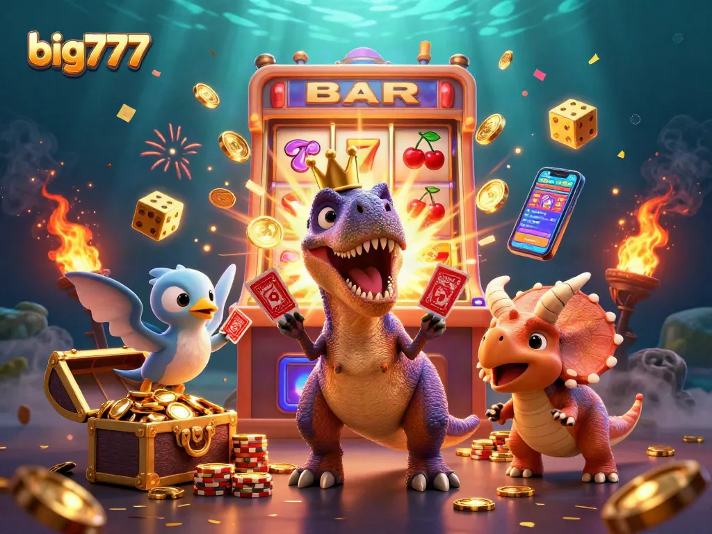 big777 jackpot scene with a T-Rex shuffling cards, dynamic casino elements, and golden treasures.