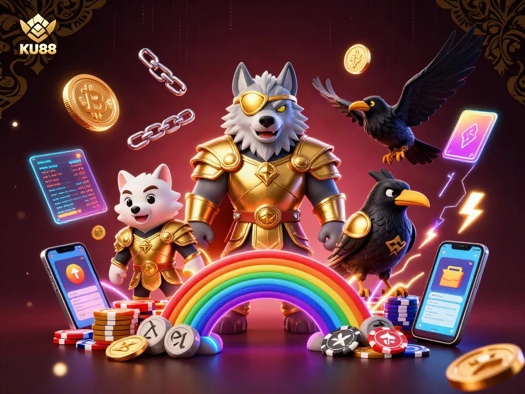 Engage with KU88's vibrant 3D casino scene featuring Odin and ravens amidst glowing chips and cryptocurrency elements.