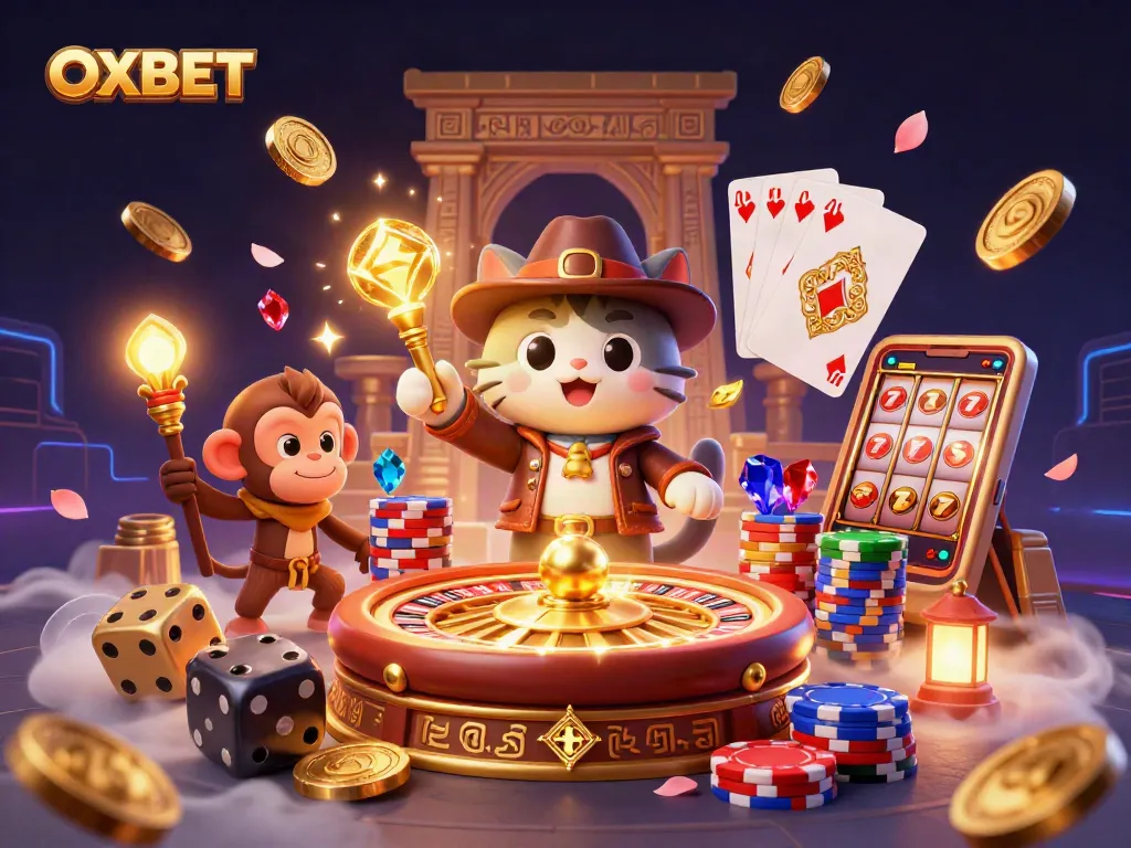 Engage in thrilling gaming action with OXBET's vibrant 3D casino adventure illustration showcasing unique characters and rich elements.