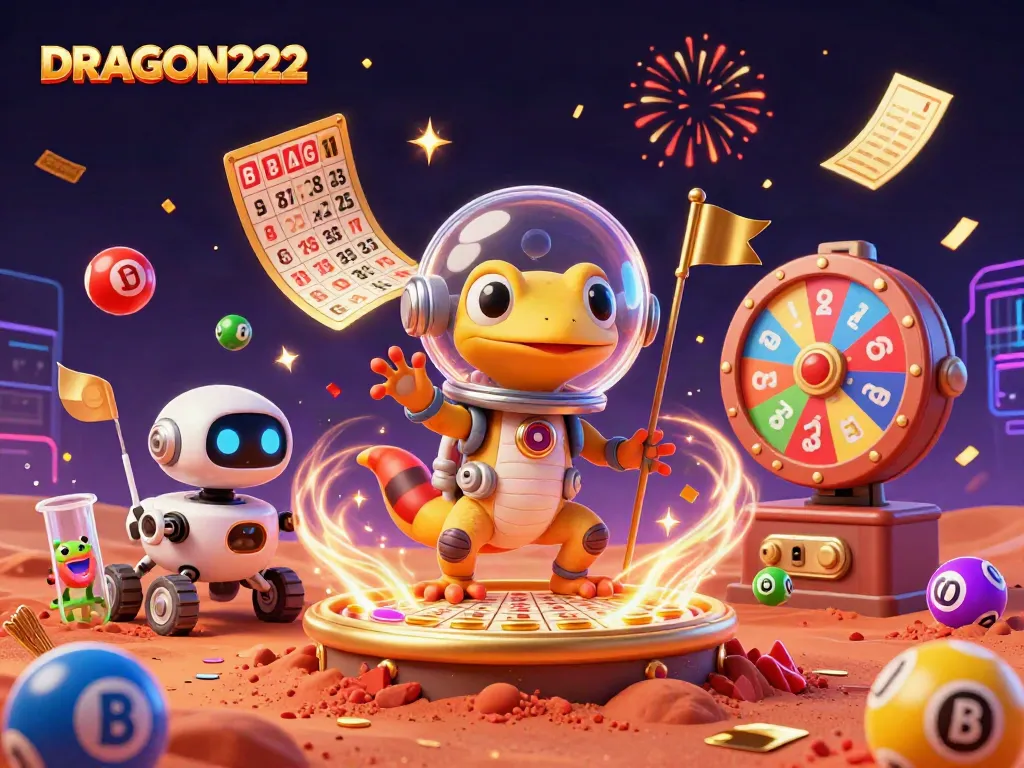 Experience thrilling gameplay with DRAGON222 alongside a dynamic scene of a Martian gecko and casino treasures.