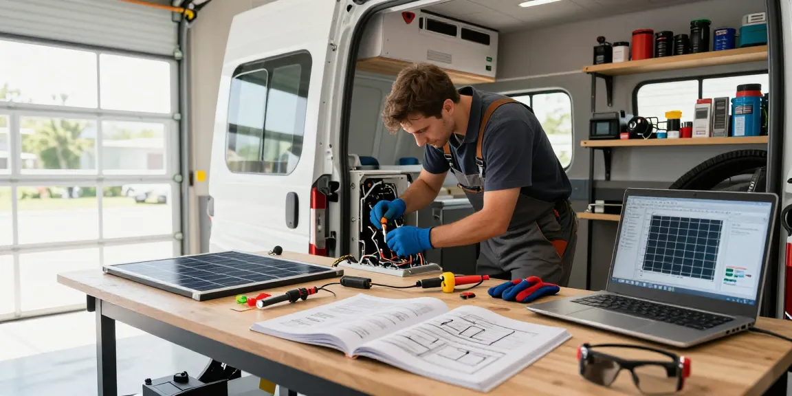 Builder upgrading camper electrical system with rokok88 daftar resources in dynamic workshop.