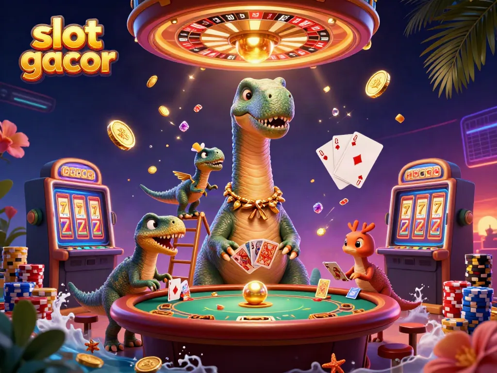 Permainan slot gacor dengan berbagai elemen kasino, termasuk kartu, koin emas, dan mesin slot