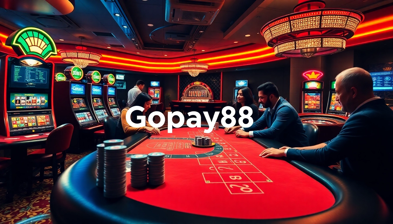 Players enjoy thrilling games at a luxurious casino with Gopay88 chip stacks and vibrant slot machines.