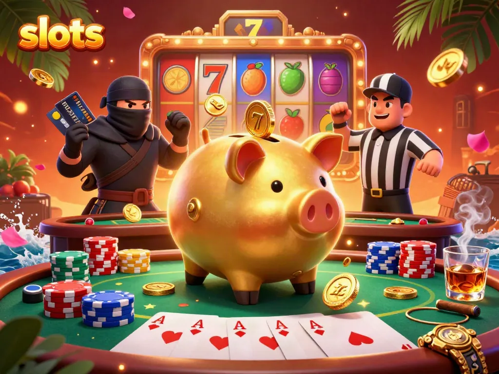 Experience exciting slots play with colorful characters and vibrant casino elements in this engaging illustration.