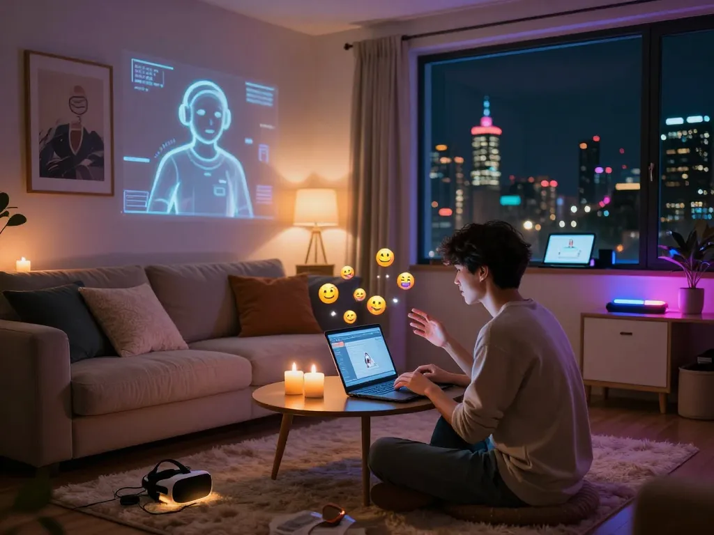 Engaging scene of nsfw ai chat in a cozy virtual room with colorful ambient lights and lively interaction.