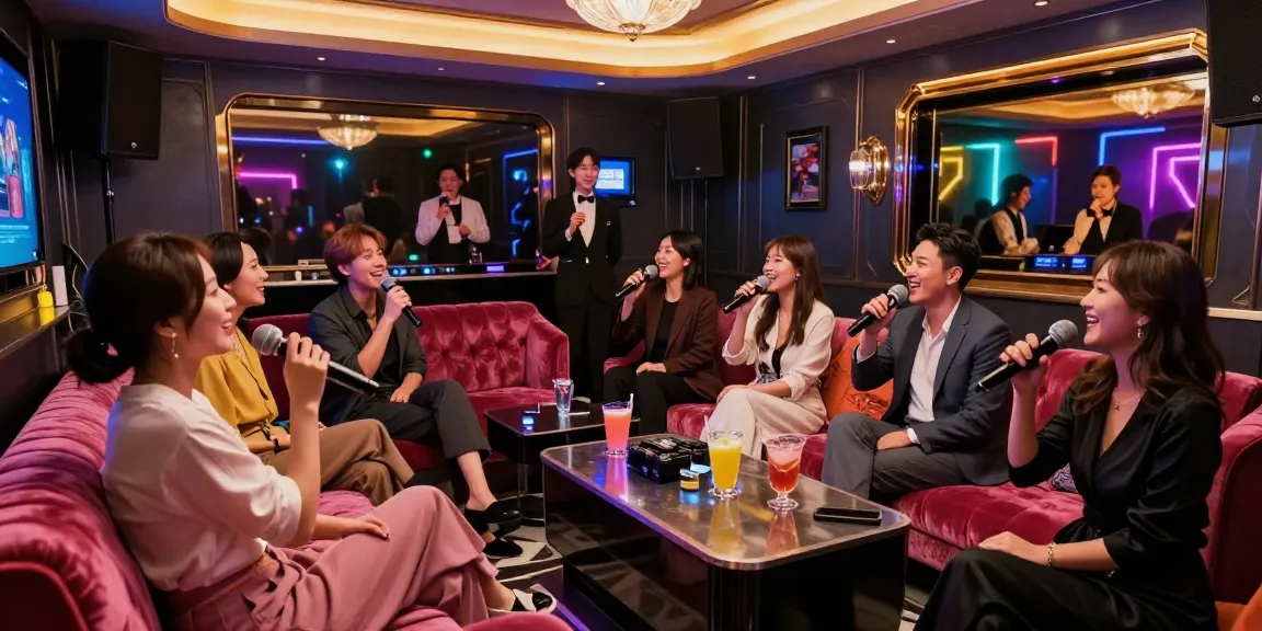 Guests enjoying the vibrant atmosphere at 강남가라오케 with stylish decor and entertainment.