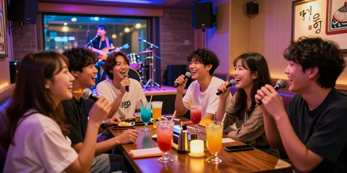 Exciting 제주유흥 nightlife scene in Jeju Island's karaoke bar with friends enjoying cocktails and laughter.