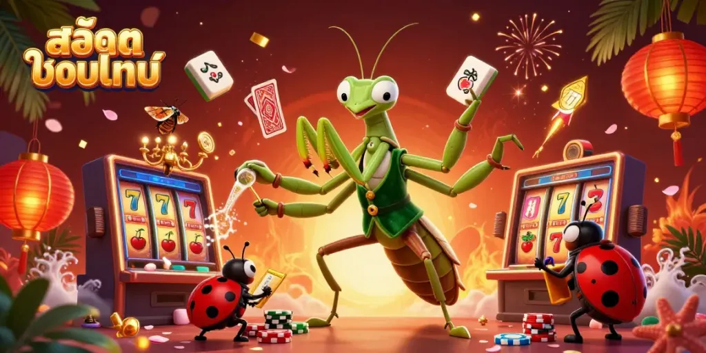 เกมสล็อตออนไลน์ที่น่าตื่นเต้นพร้อมตัวละครการ์ตูนน่ารักกำลังเล่นพนันและเฉลิมฉลอง