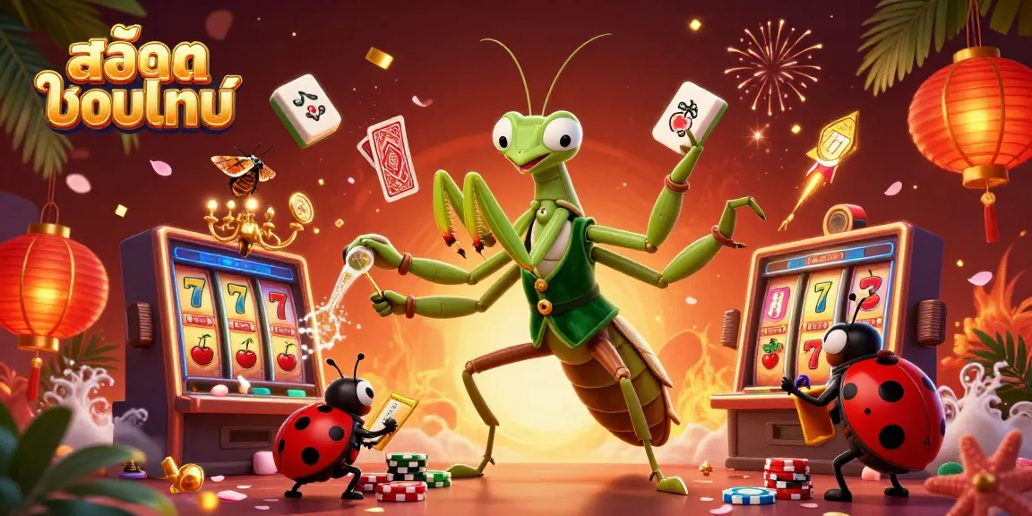 เกมสล็อตออนไลน์ที่น่าตื่นเต้นพร้อมตัวละครการ์ตูนน่ารักกำลังเล่นพนันและเฉลิมฉลอง