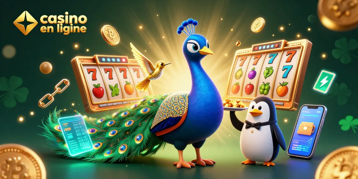 Profitez des jeux de casino en ligne avec une illustration captivante regroupant un paon, un pingouin et un colibri.