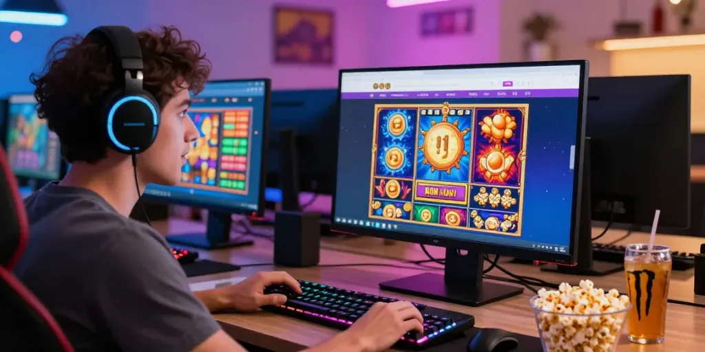 Exciting player enjoying slot jackpot games in a vibrant home office atmosphere.