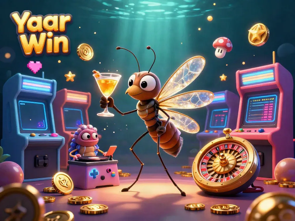Experience Yaar Win's vibrant gaming atmosphere with gold coins and dynamic characters in this engaging casino scene.
