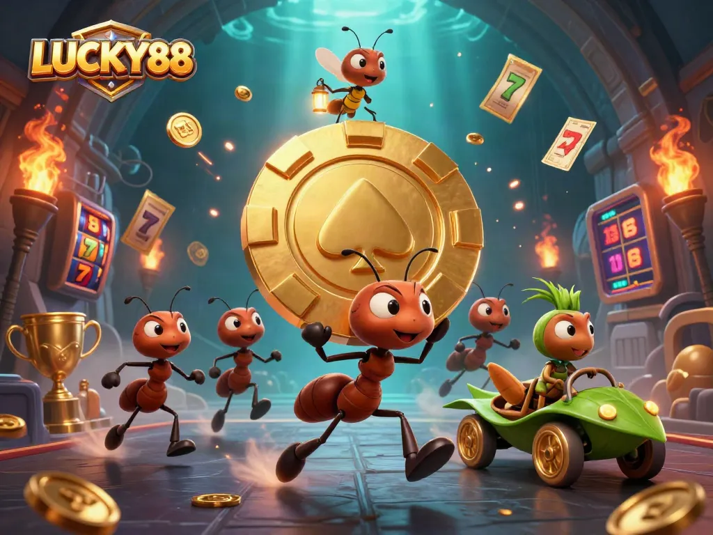 Experience excitement with LUCKY88 in this vibrant heist featuring cartoon ants and casino elements.