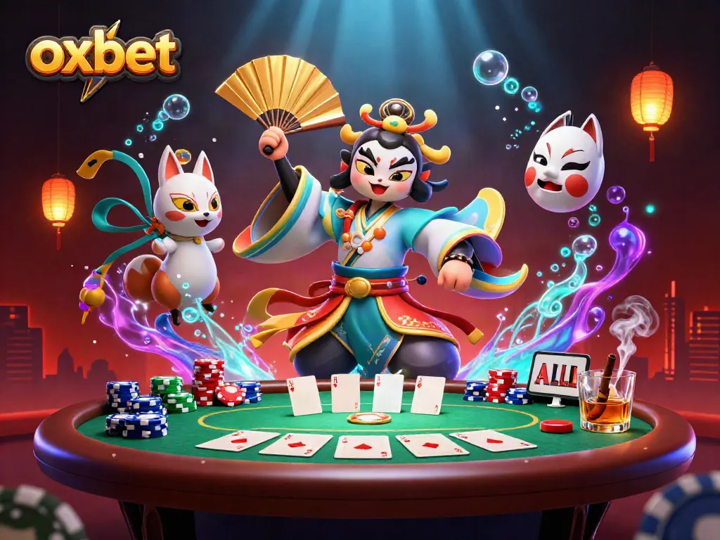 Experience thrilling poker action at oxbet with kabuki warriors, chips, and vibrant casino elements.