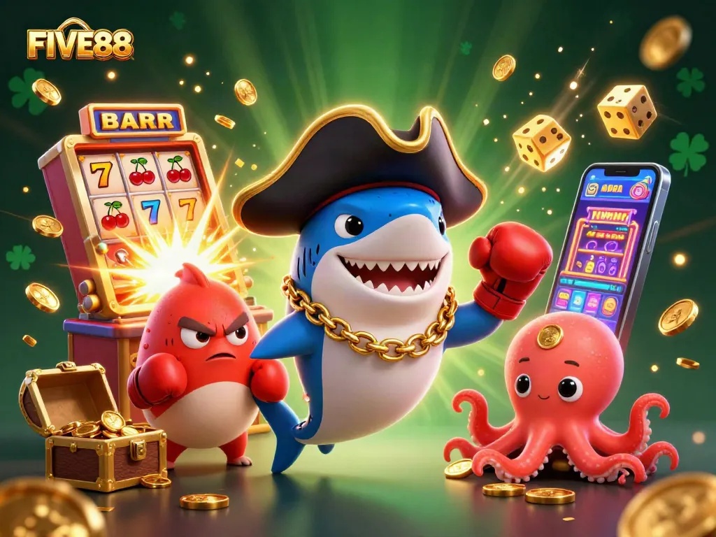 Experience the excitement of FIVE88 with dynamic casino illustrations involving characters and vibrant winnings.