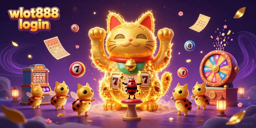 Raih jackpot dengan wslot888 login, ilustrasi 3D slot penuh warna dan karakter keberuntungan.