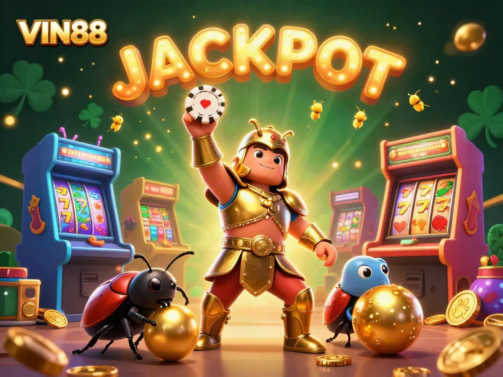 Experience the excitement of VIN88 as the gladiator beetle celebrates a jackpot with vibrant casino elements.