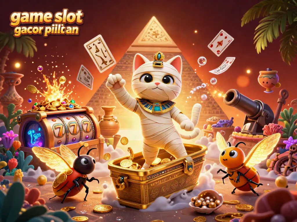 Permainan slot gacor pilihan dengan karakter mummy kucing dan skarab di kasino piramida.