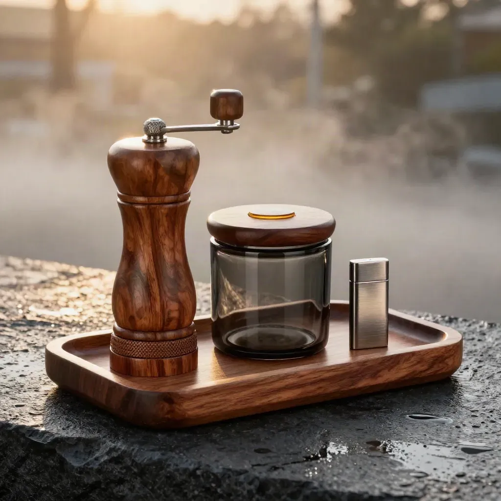 Rosewood grinder tray set, jar and lighter on wet stone in golden-hour haze.