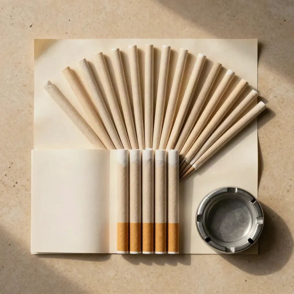 Overhead flatlay of king size rolling papers, filter tips, folded booklet and ash dish on pale stone.