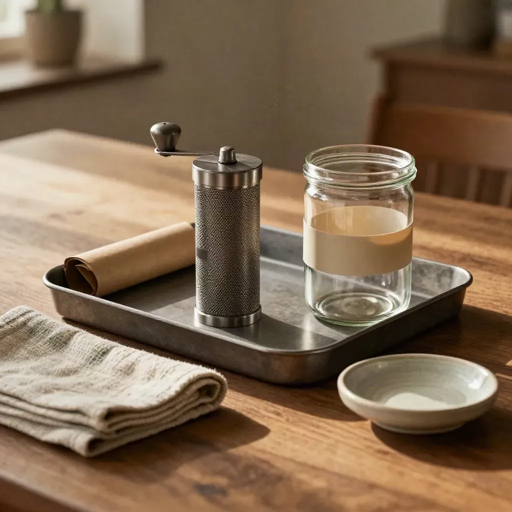 Rolling kit with papers, grinder, jar, tray, cloth, and ceramic dish on warm wood.