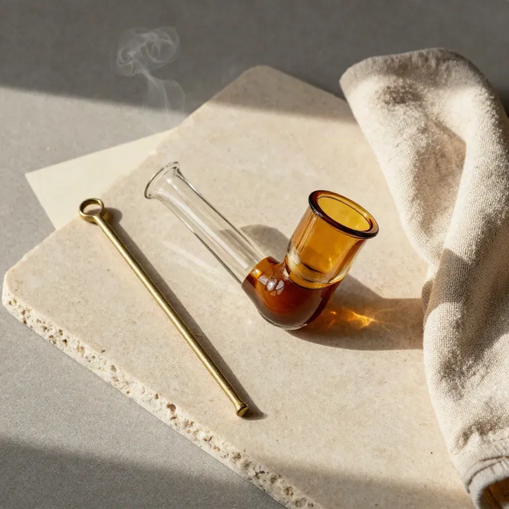Top-down glass pipe, brass cleaner and linen on pale stone with soft smoke drift