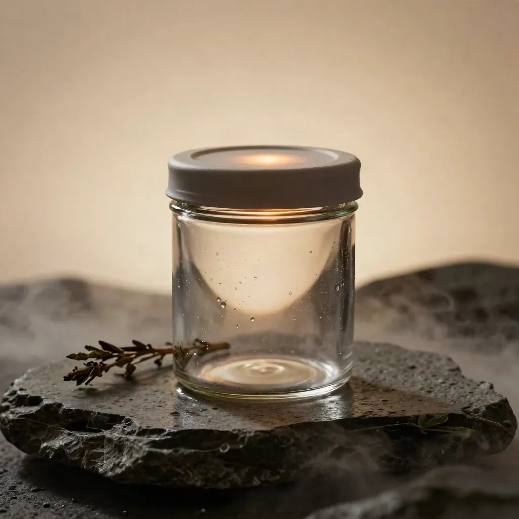 Matte-lidded storage jar on wet stone with herb sprig and soft mist, dramatic studio light
