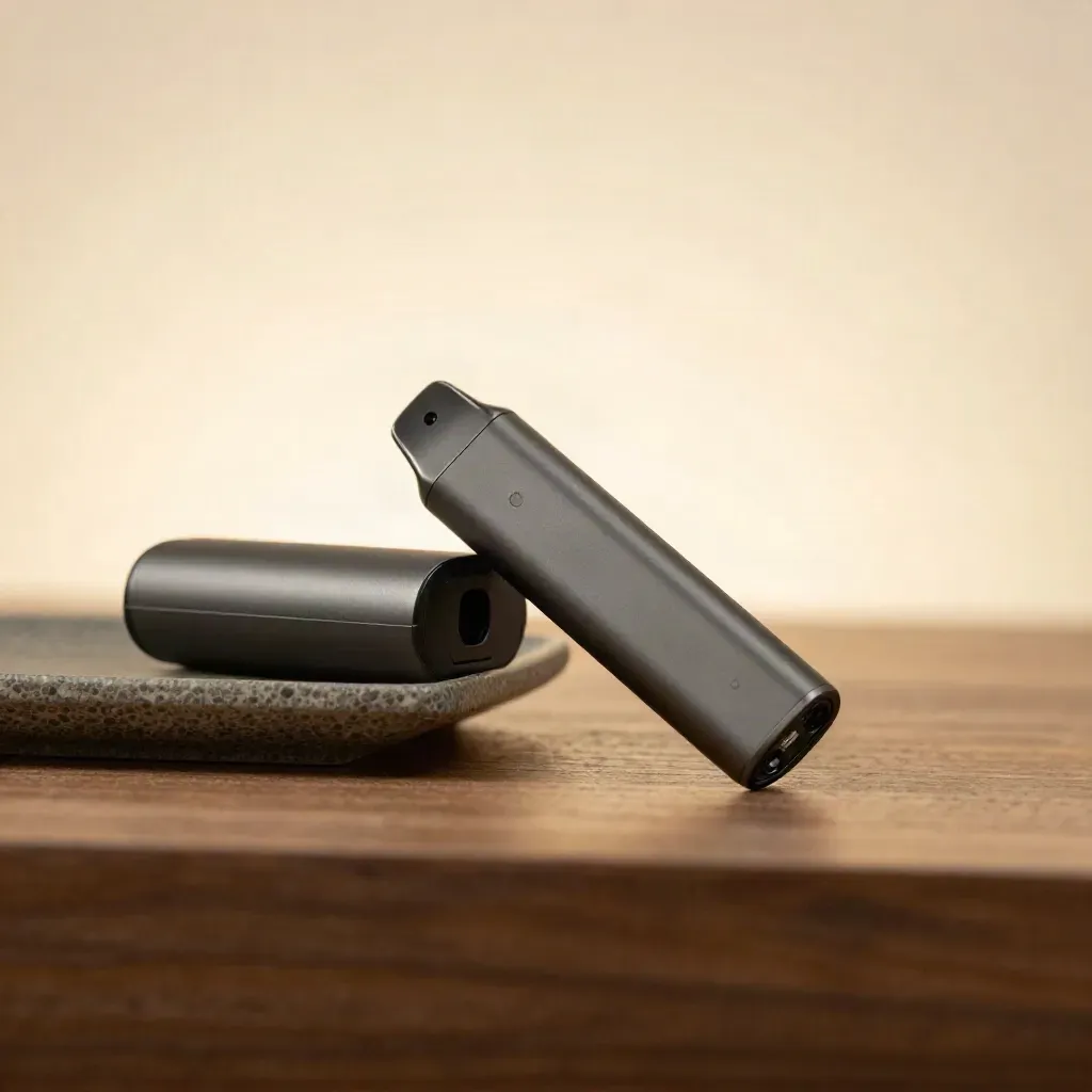Charcoal pocket vape pen, charging case, and pebble tray with a faint vapor ribbon