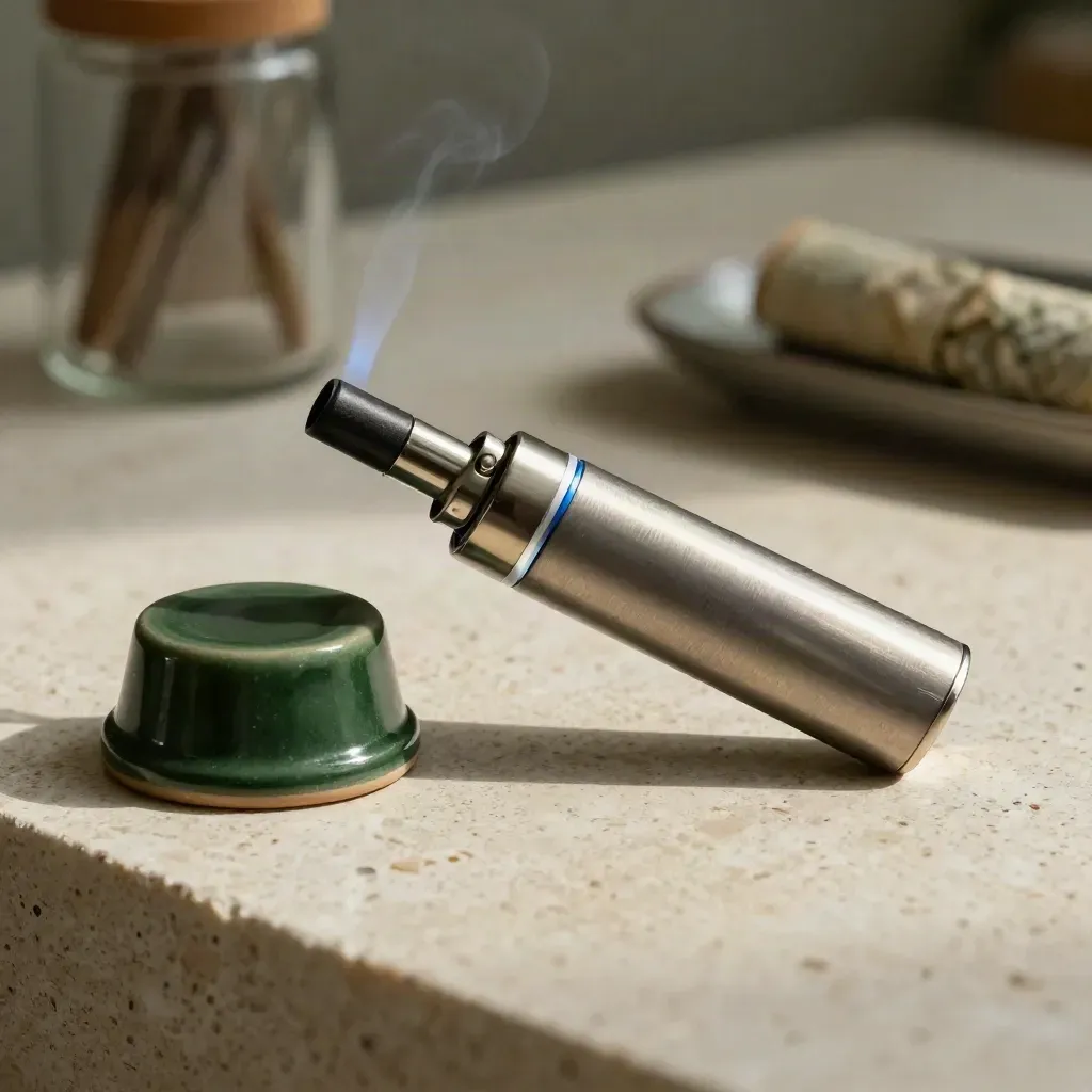 Mini butane torch lighter with blue nozzle and refill canister on travertine, glowing in soft light.