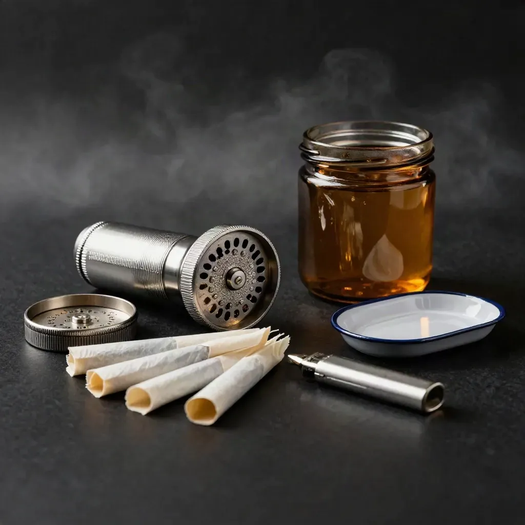 Scattered cannabis accessories on a matte-black studio surface with dramatic amber rim light.
